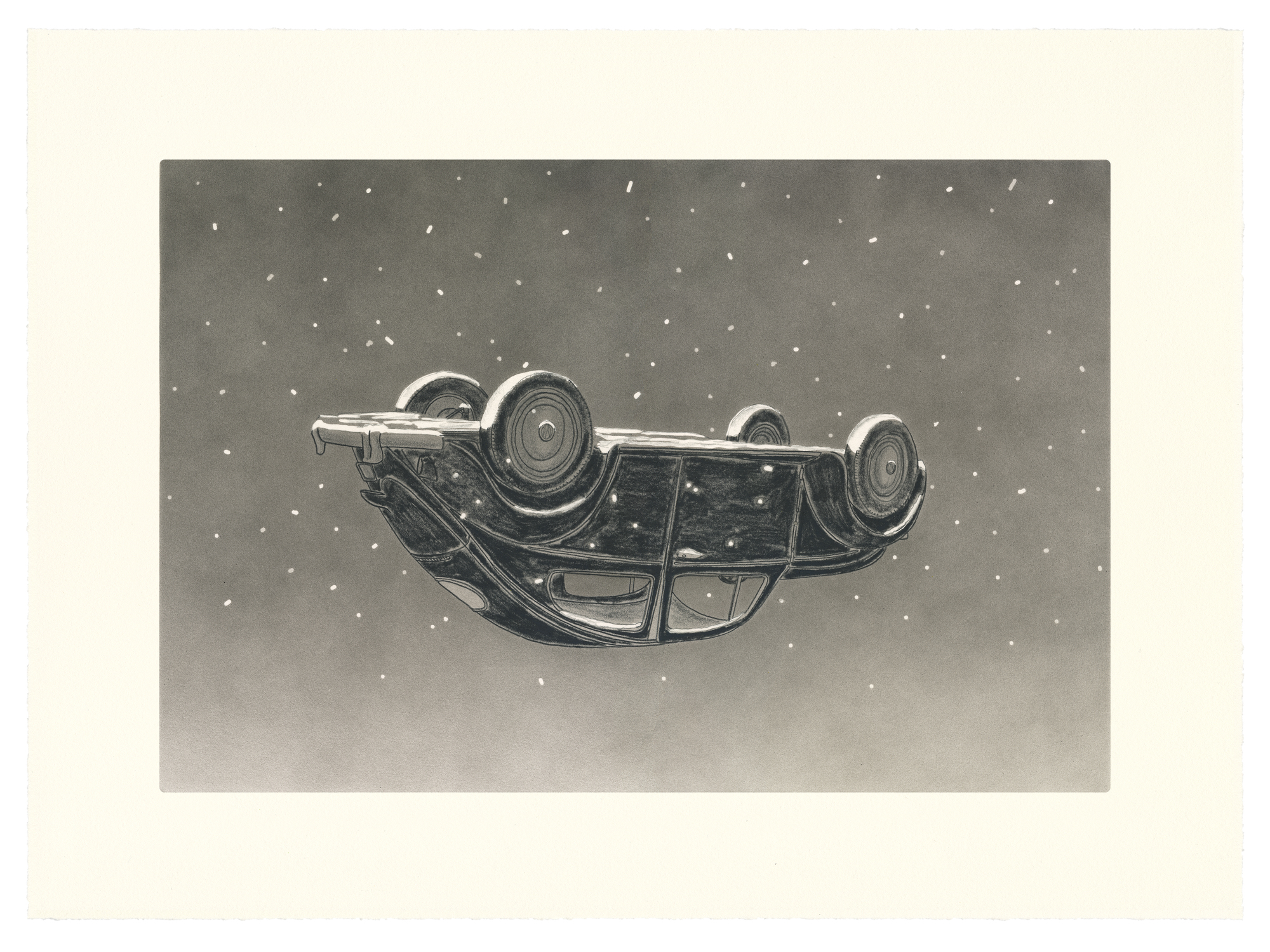 An upside-down vintage automobile rendered in detailed pencil and ink, floating against a starry gray night sky. The car's wheels and undercarriage are prominently displayed, creating a surreal, gravity-defying composition.