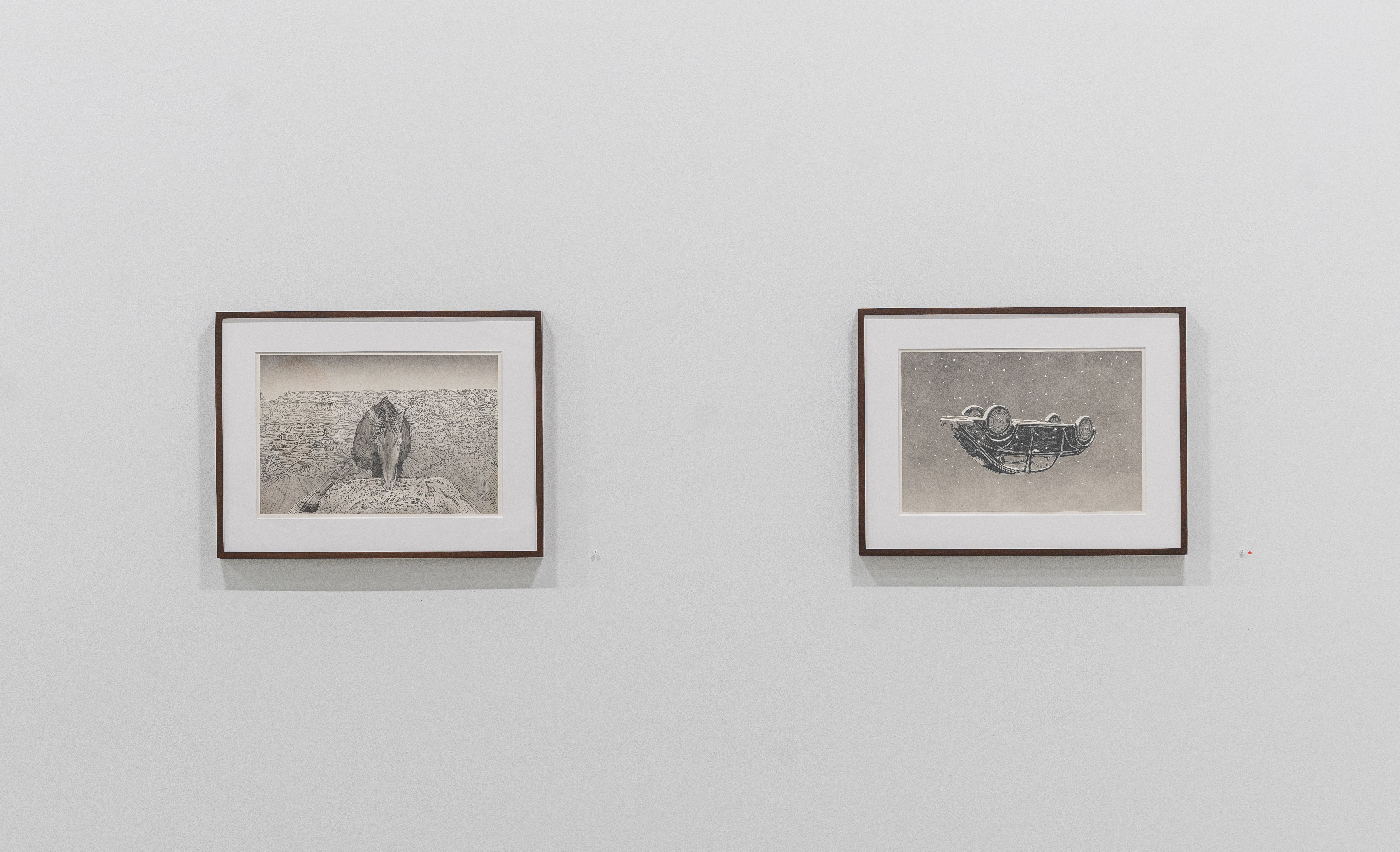 Two framed drawings hung on a white gallery wall: on the left, a graphite sketch of a solitary horse viewed from behind standing on rocky terrain; on the right, a detailed pencil drawing of an overturned boat rendered against a starry gray background.