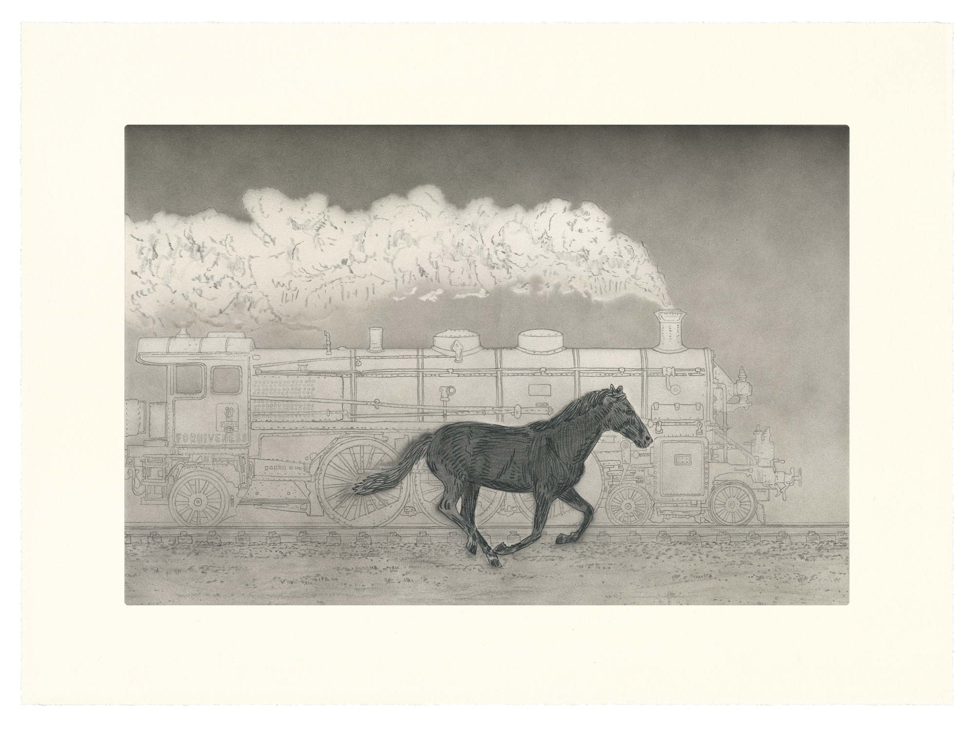 A detailed pencil and ink drawing depicting a galloping horse rendered in dark tones, positioned in front of an intricately sketched steam locomotive with billowing smoke cloud above. The composition creates a striking juxtaposition between the organic form of the animal and the mechanical precision of the industrial machine against a muted, textured ground.