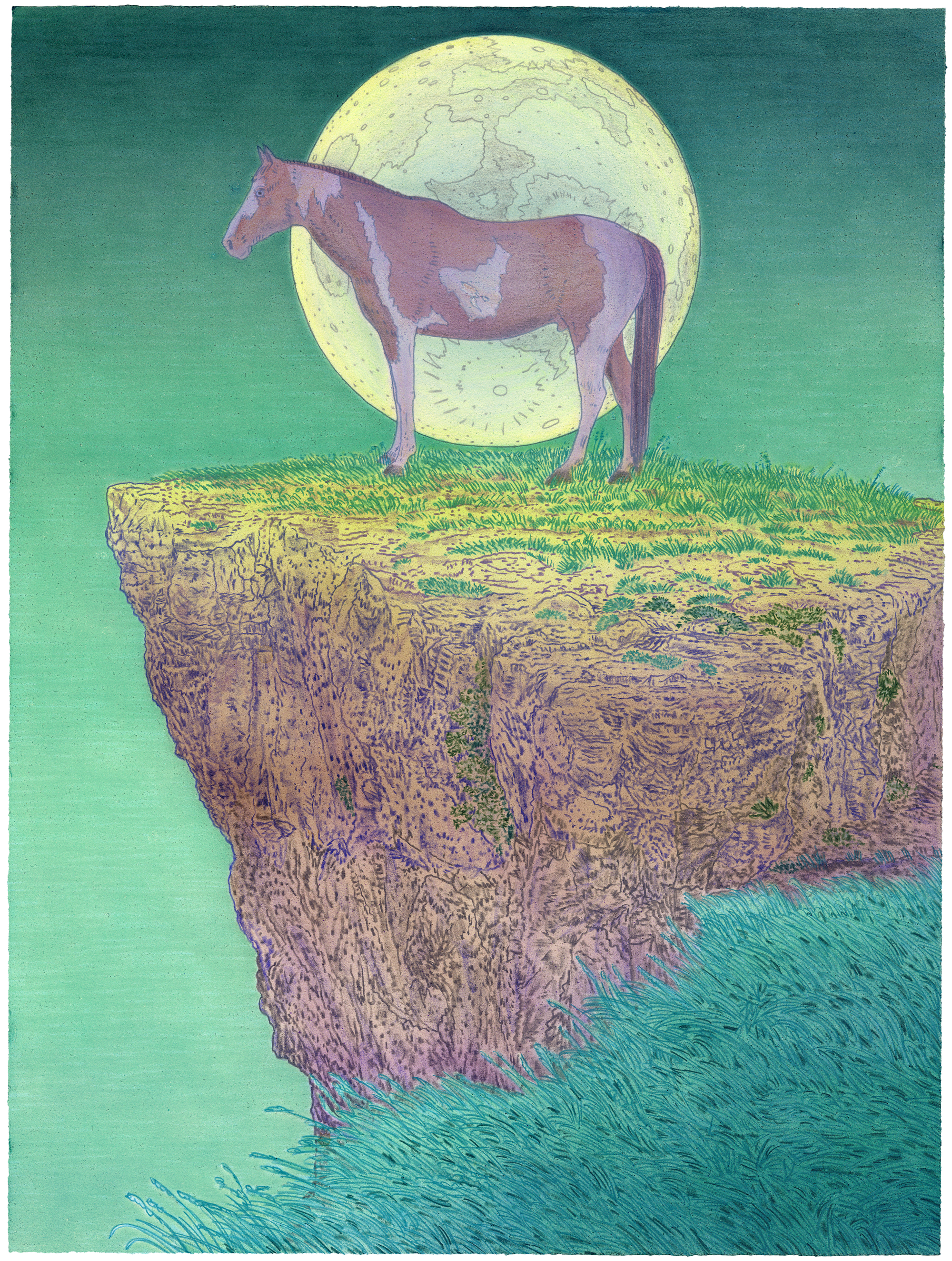 A horse stands on a rocky cliff overlooking turbulent teal water, silhouetted against a luminous pale yellow moon that fills the upper portion of the composition. The surreal scene combines naturalistic detail in the landscape with dreamlike proportions and a serene color palette of greens, purples, and yellows.