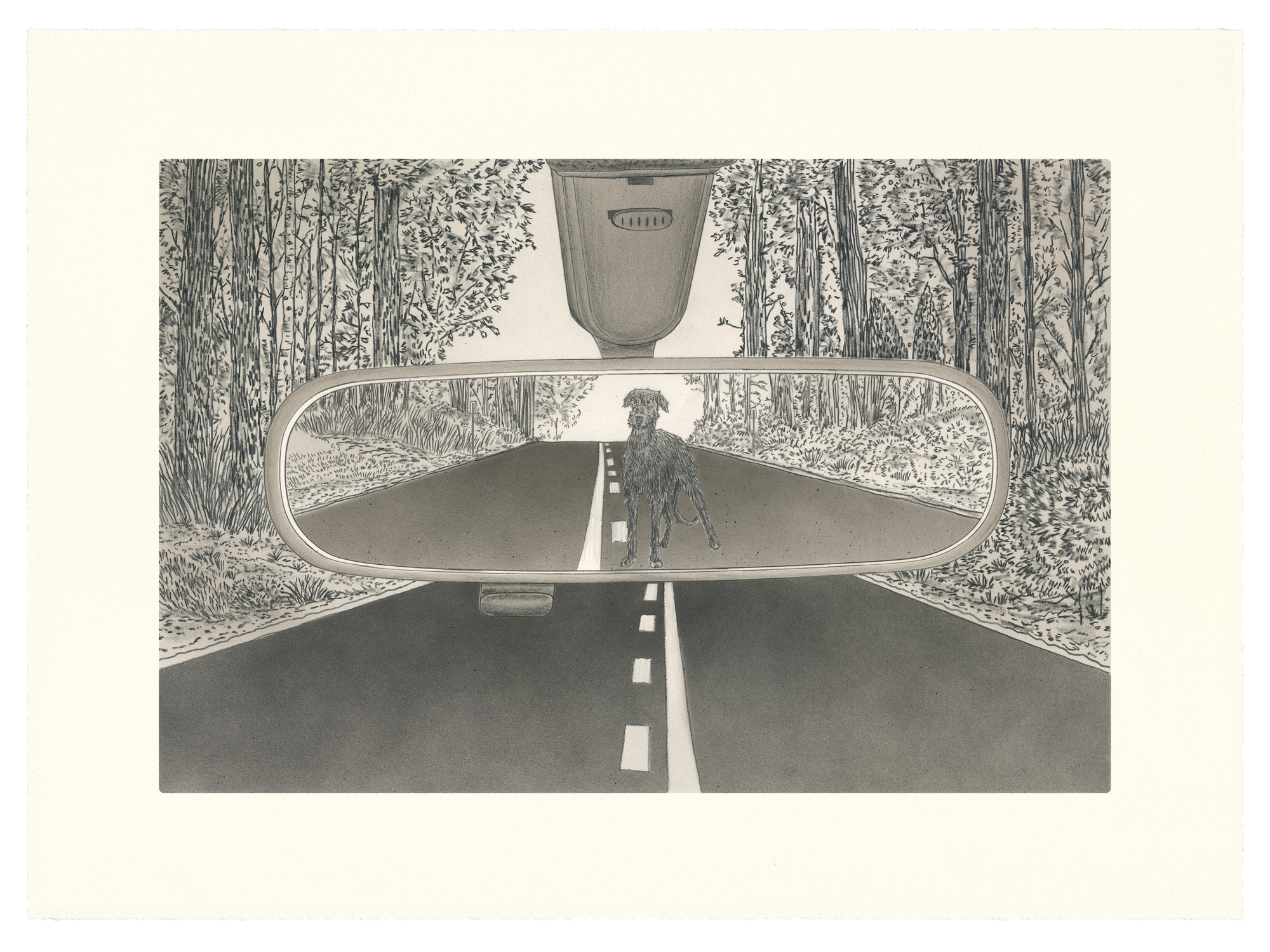 A black and white drawing depicting a view from inside a car on a forest road. Through the windshield and rearview mirror, a solitary dog stands on the center line of the receding road, surrounded by dense woodland. A hanging air freshener hangs from the rearview mirror above.