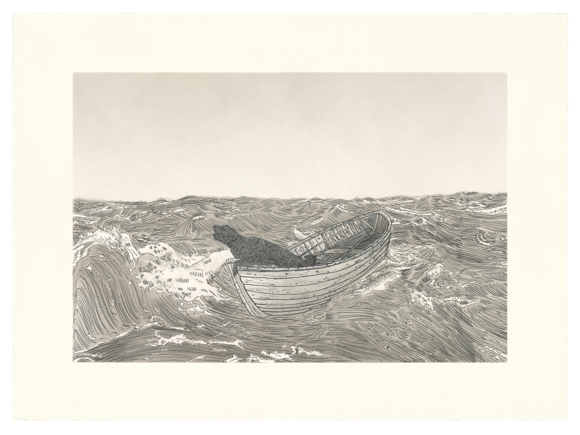A detailed pencil and ink drawing depicting a wooden rowboat tilted in turbulent ocean waves. The composition is divided between a pale sky above and dynamic water below, rendered with intricate linear hatching. The boat's wooden planks and interior structure are clearly visible, while the surrounding seascape is dominated by flowing, wave-like patterns that create movement and depth across the composition.