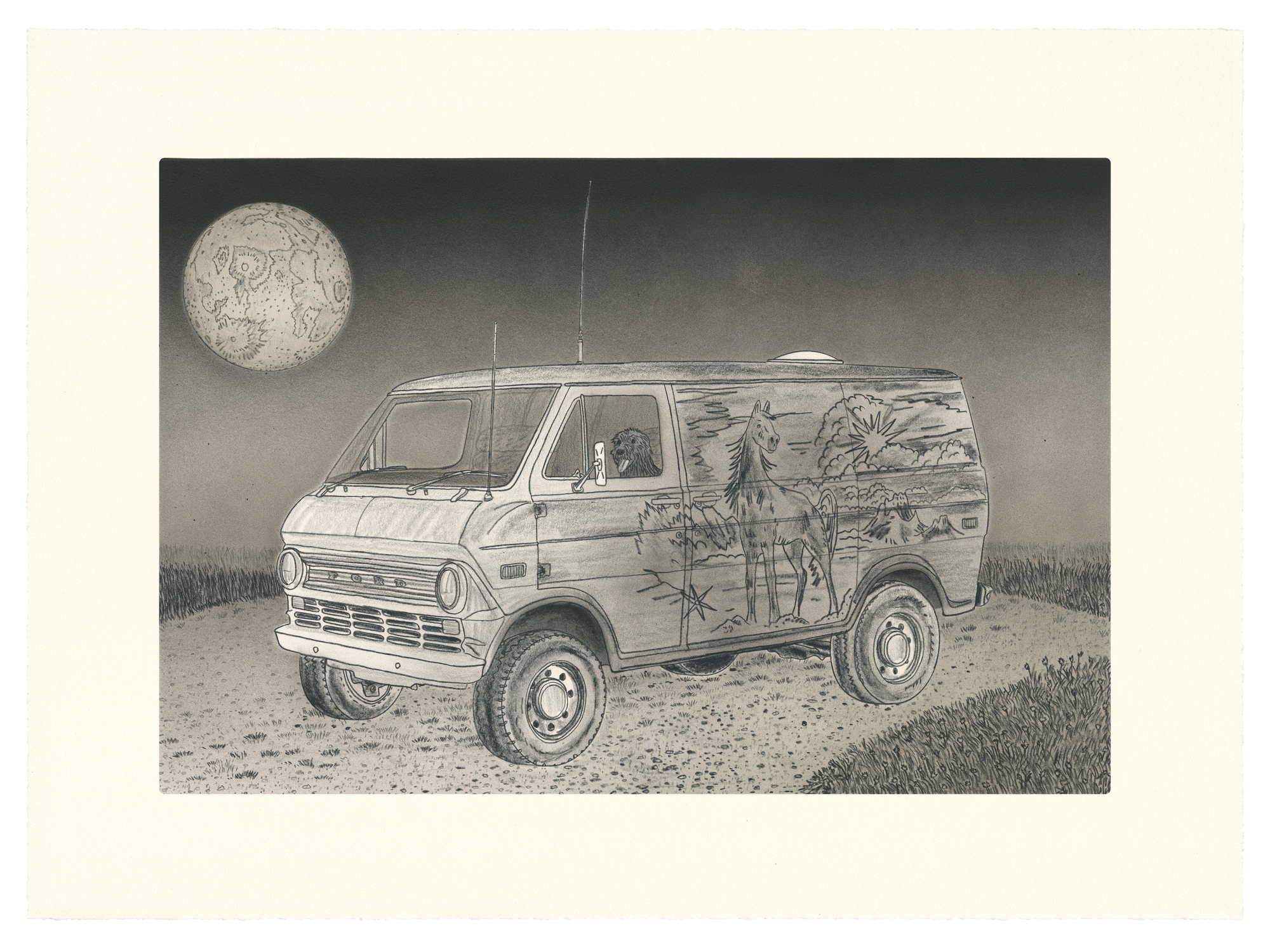 A detailed pencil and ink drawing depicting a van parked on barren ground beneath a large cratered moon. The vehicle's side panels are decorated with surreal imagery including horses and abstract landscapes. An eagle or bird head visible through the driver's window gazes outward, while sparse grass surrounds the scene under a dark, atmospheric sky.