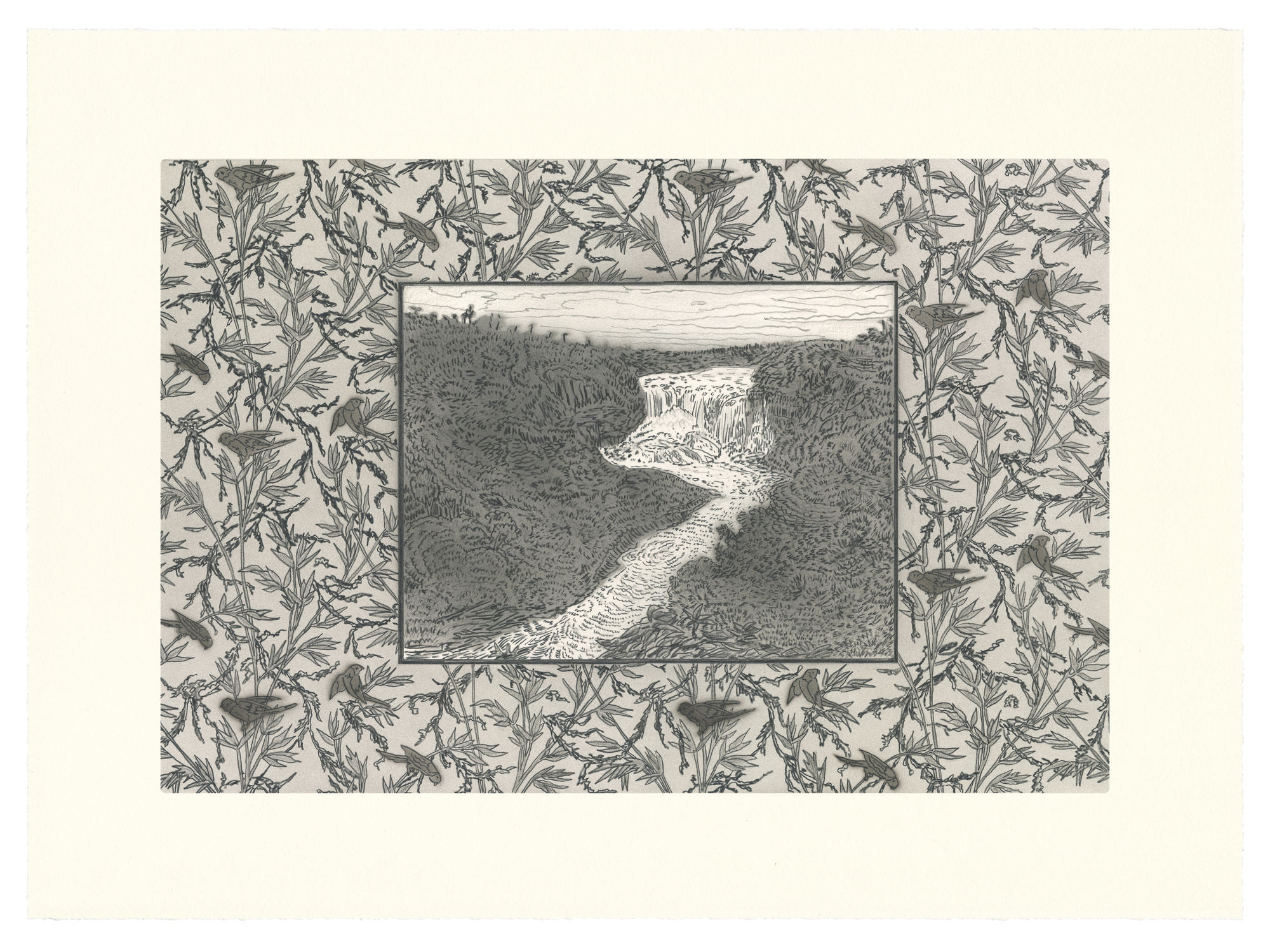 A framed landscape depicts a cascading waterfall flowing through a forested valley, rendered in detailed black ink line work. The central scene is surrounded by an ornamental border of delicate botanical foliage in a repeating pattern.