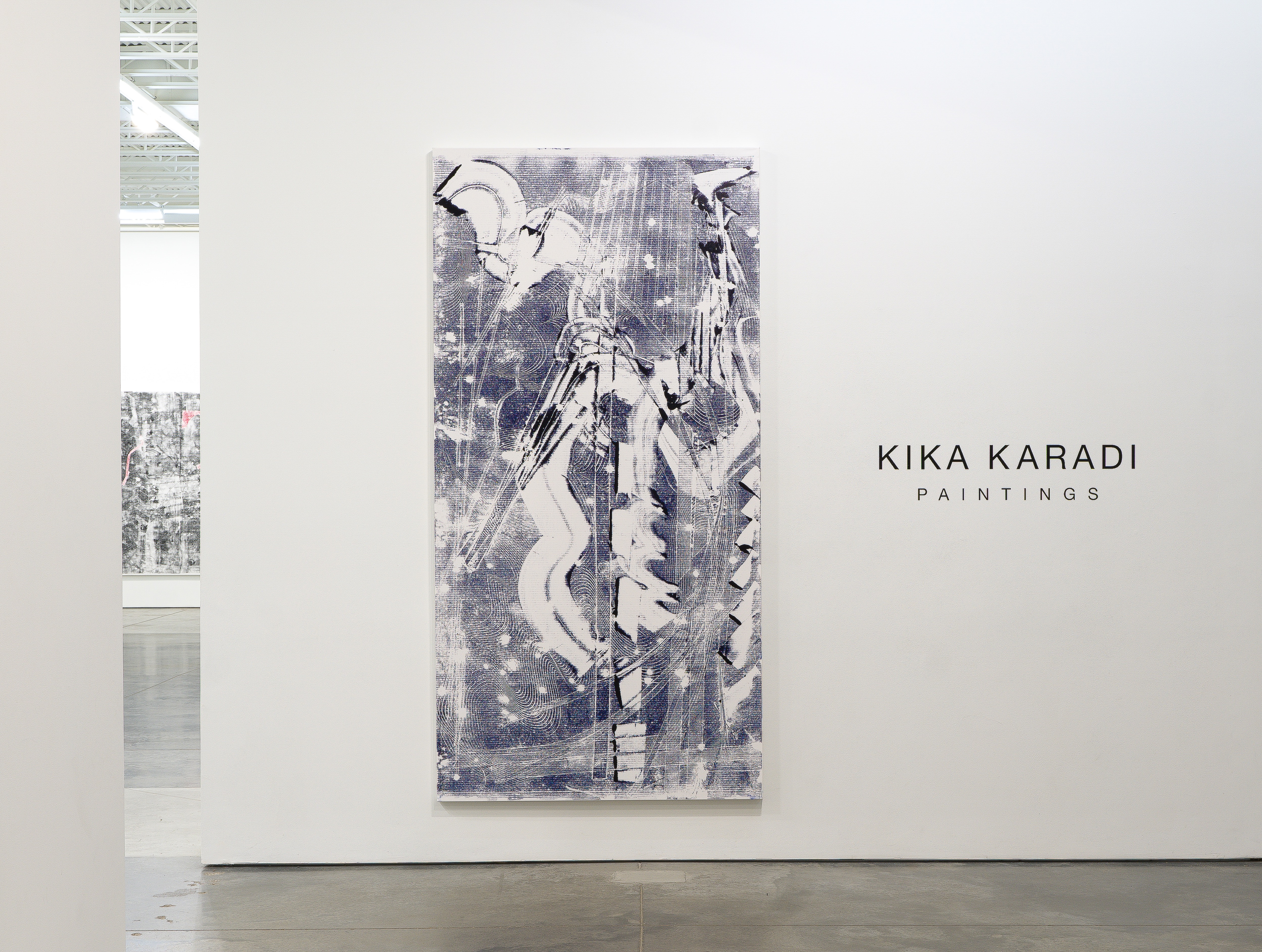 Large-scale monochromatic painting in blue and white featuring an abstract composition of gestural marks, layered textures, and linear elements. The work demonstrates a visceral, process-based approach with areas of densely hatched marks and organic forms that create depth and movement across the canvas.