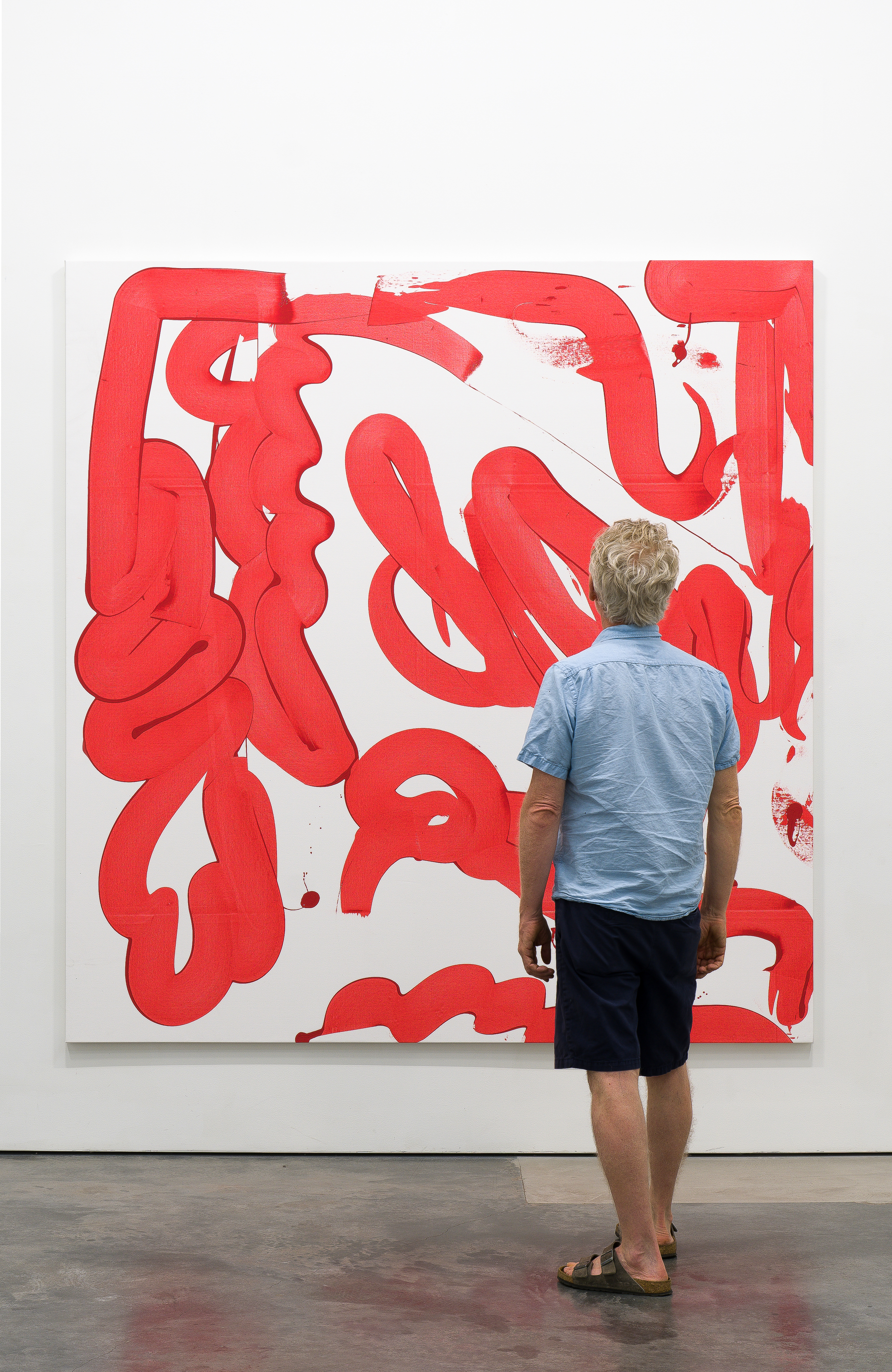 A viewer stands before a large-scale canvas dominated by bold red gestural forms and organic shapes against a white background. The composition features fluid, interconnected curves and abstract silhouettes created through an energetic, visceral painting technique.