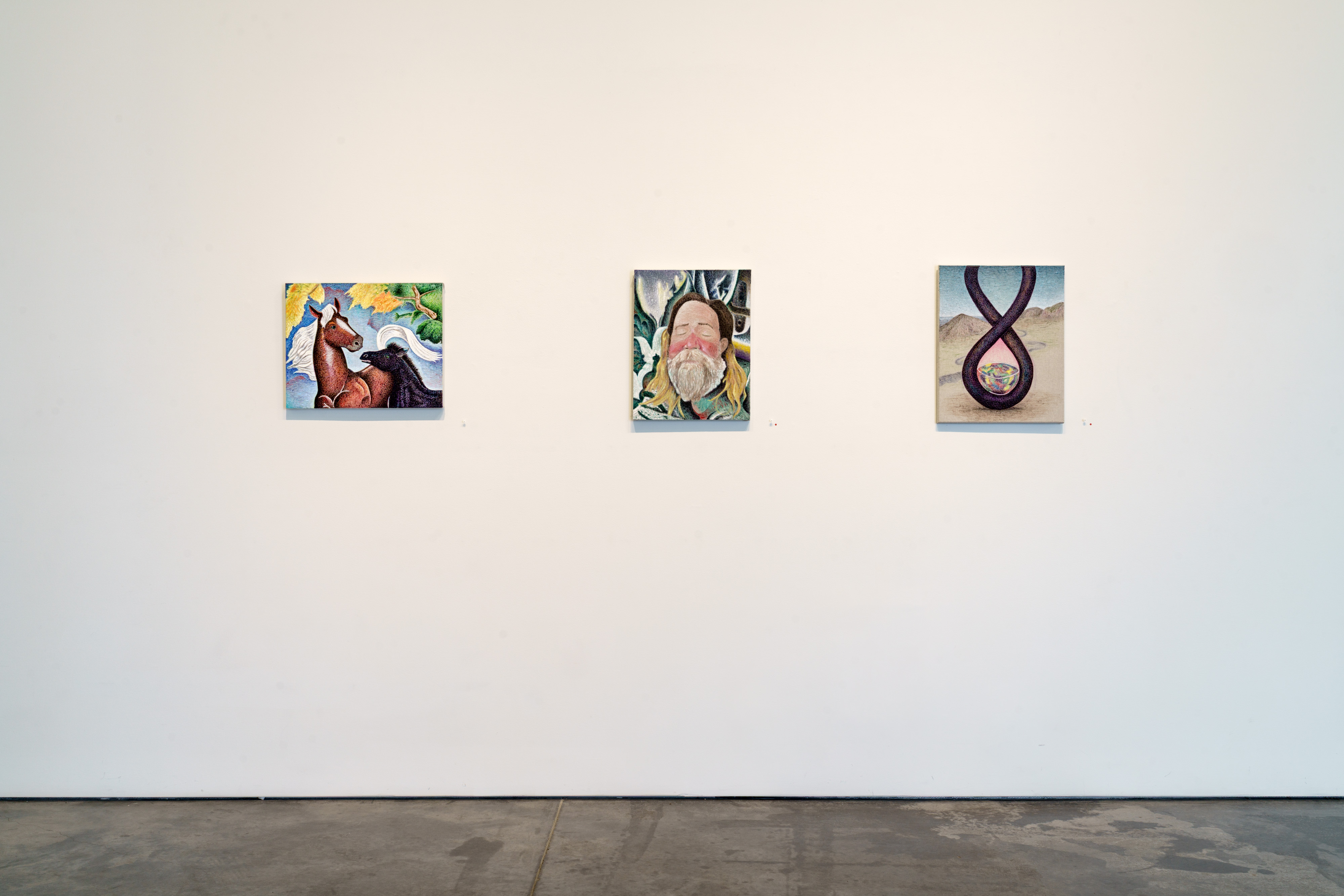 Three small paintings hang on a white gallery wall spaced evenly across the composition. The left work depicts a stylized horse and dark figure against a yellow and blue background. The center painting shows a bearded man's face surrounded by ornamental foliage in muted greens and golds. The right work features an intertwined purple serpentine form against a desert landscape. Each painting uses vibrant acrylic colors and demonstrates a figurative, somewhat surreal aesthetic.