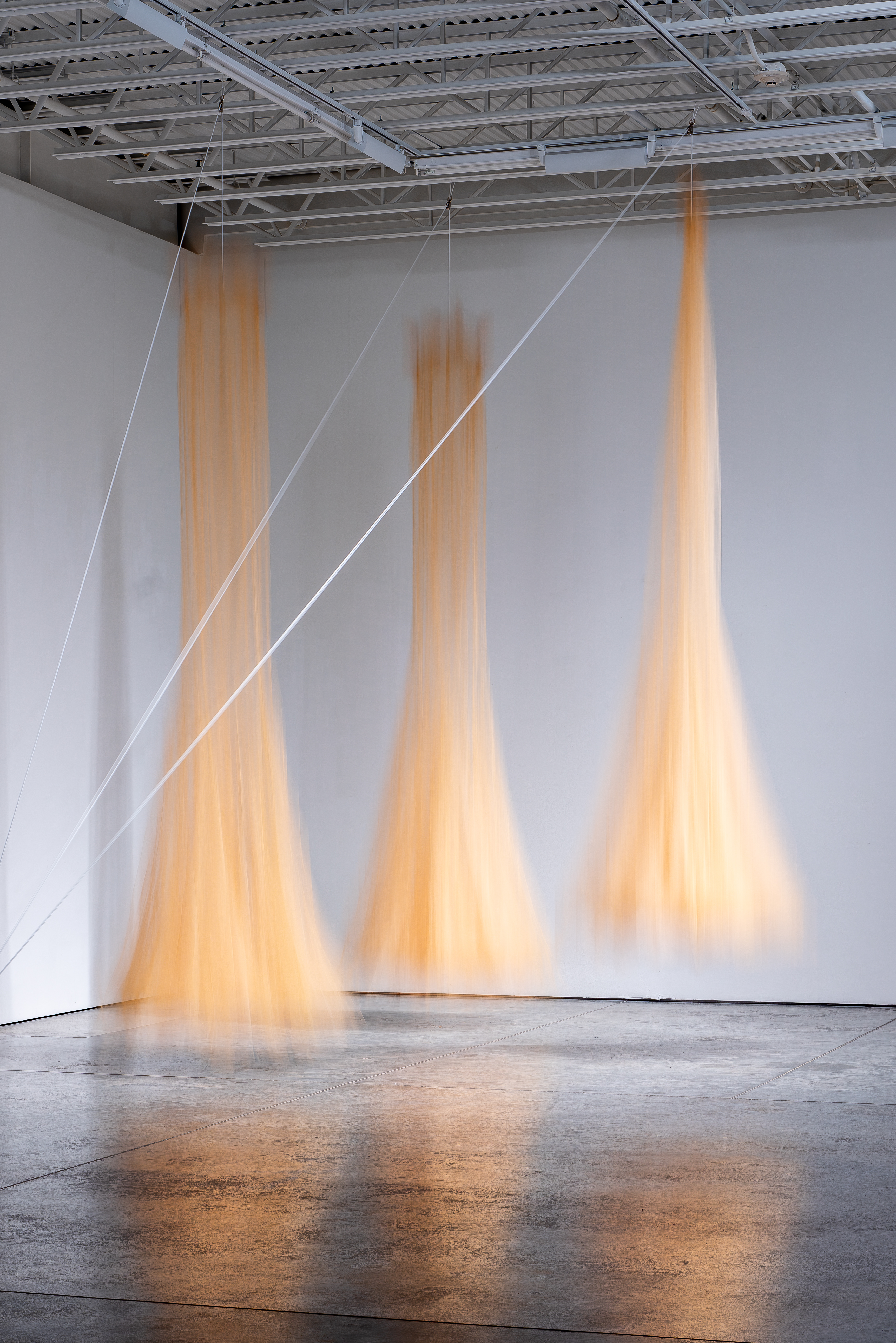 Three suspended cone-shaped forms of translucent golden tulle cascade from the industrial ceiling of a white gallery space, creating elongated shadows on the concrete floor below. The delicate, flowing fabric contrasts with the stark architectural elements overhead, evoking themes of fragility, constraint, and the interplay between concealment and exposure.