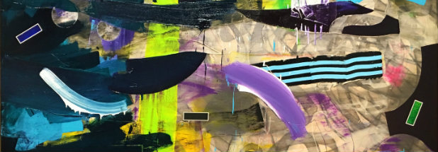 Abstract composition featuring vibrant neon yellow, cyan, and purple gestural marks layered over a neutral beige canvas, with dynamic curved and linear elements creating depth through overlapping translucent passages and bold striping patterns.