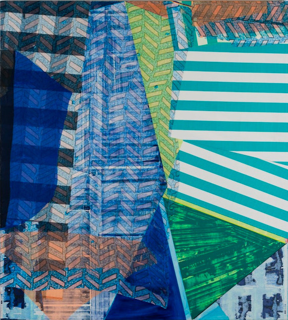 Layered abstract composition featuring overlapping geometric patterns and fabrics in shades of blue, teal, green, orange, and white. Diagonal chevron stripes, horizontal bands, and textured surfaces intersect across the canvas, creating a complex interplay of color and form with visible depth and dimensionality.