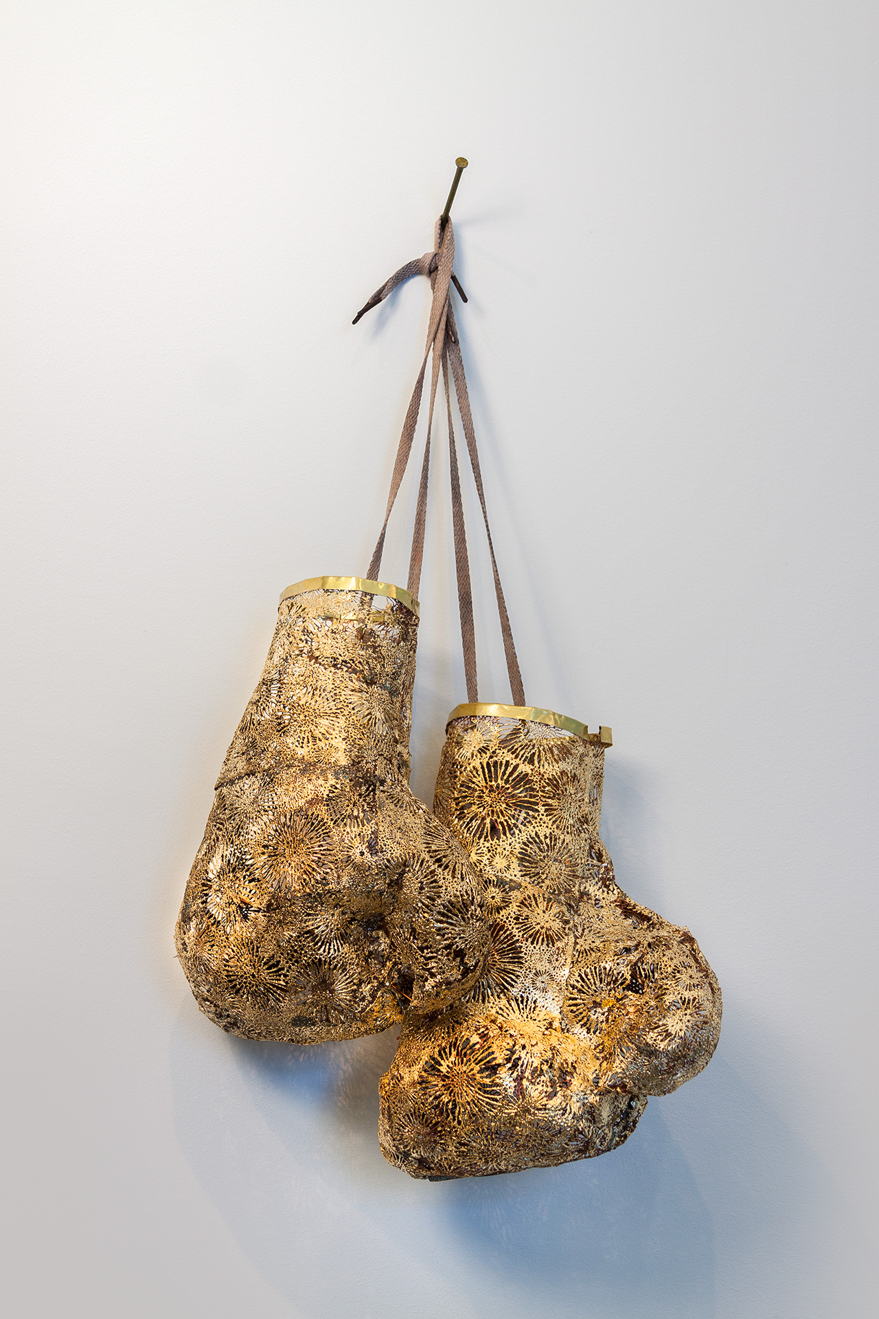 Pair of ornate golden boxing gloves suspended by leather straps from a branch-like wooden perch, decorated with intricate radiating patterns and fitted with brass bands.