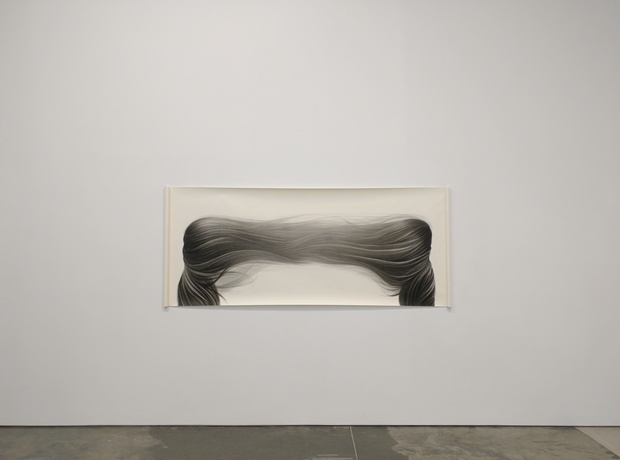 Large horizontal charcoal drawing on a light panel depicting flowing black hair with undulating waves, rendered with layered charcoal and erased highlights against a cream-colored background, mounted on a gallery wall.