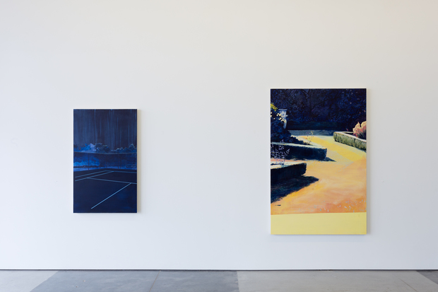 Two paintings hung on a white gallery wall: on the left, a smaller vertical composition depicting an illuminated blue swimming pool at night with geometric lines; on the right, a larger vertical painting showing a desert landscape with yellow sand, dark navy sky, and organic forms in the foreground, with a pale yellow band at the bottom.