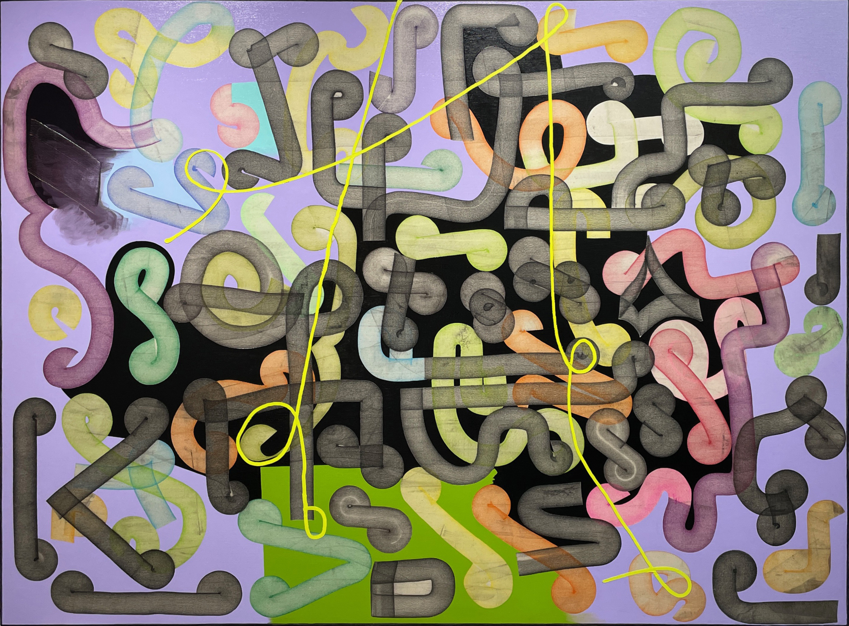 A layered abstract composition featuring interconnected curved and angular lines in pastel and oil paint. Dark graphite-gray lines weave across a purple background, overlaid with translucent shapes in yellow, pink, green, orange, and cream. A bright yellow continuous line traces through the composition, while geometric and organic forms create depth through layered brushwork and gestural marks.