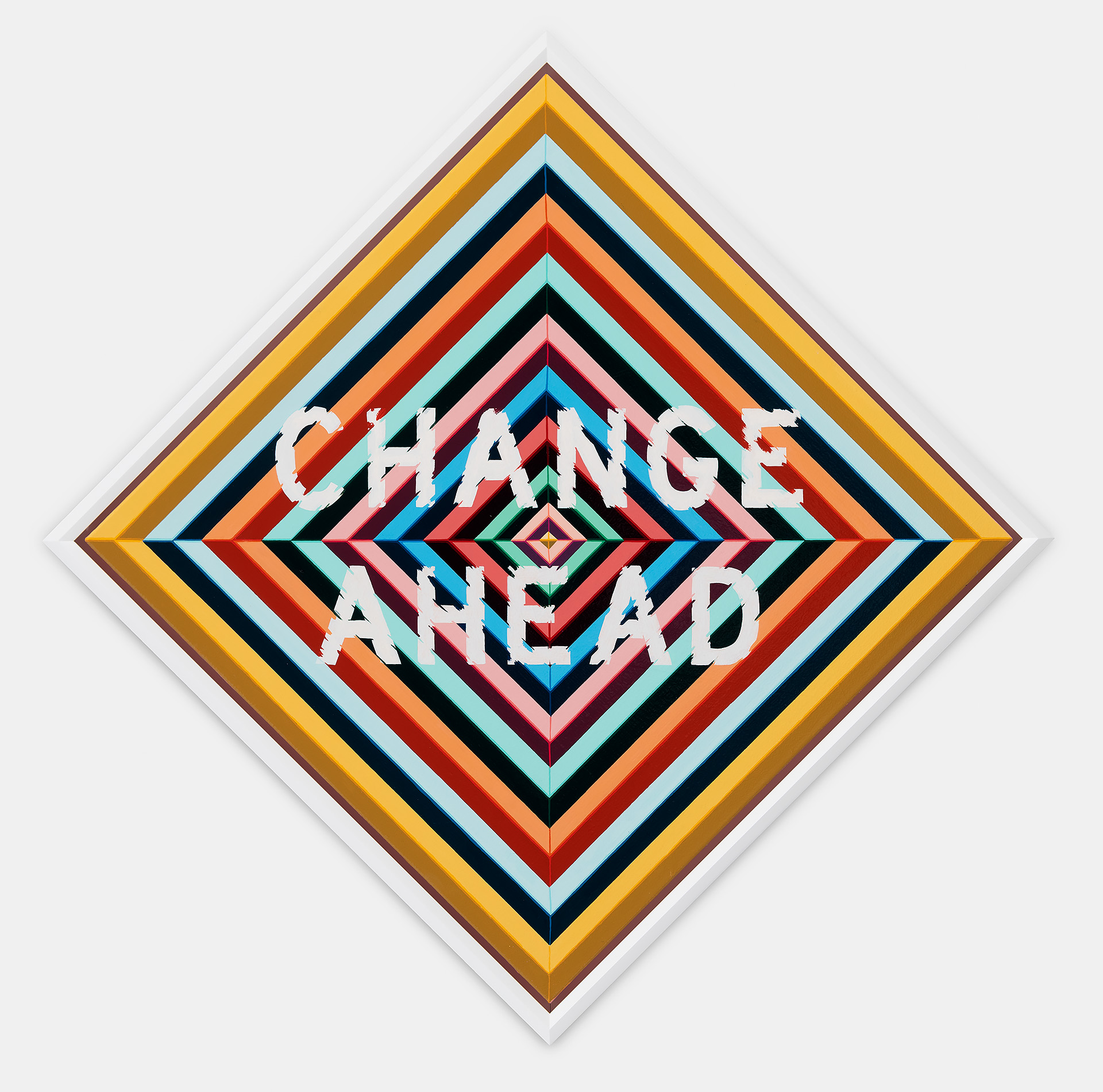 Diamond-shaped artwork featuring concentric geometric borders in gold, dark blue, red, mint green, and pink, with white block lettering reading "CHANGE AHEAD" overlaid across the center composition.