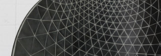 A curved geometric surface densely patterned with small triangular facets that create a three-dimensional mesh effect, transitioning from lighter tones on the left to deep black on the right.