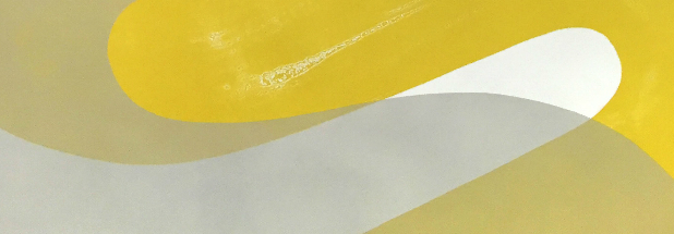 Abstract composition featuring sweeping curved forms in yellow, white, and gray tones, with smooth, organic shapes that overlap and flow across the canvas in a minimalist style.