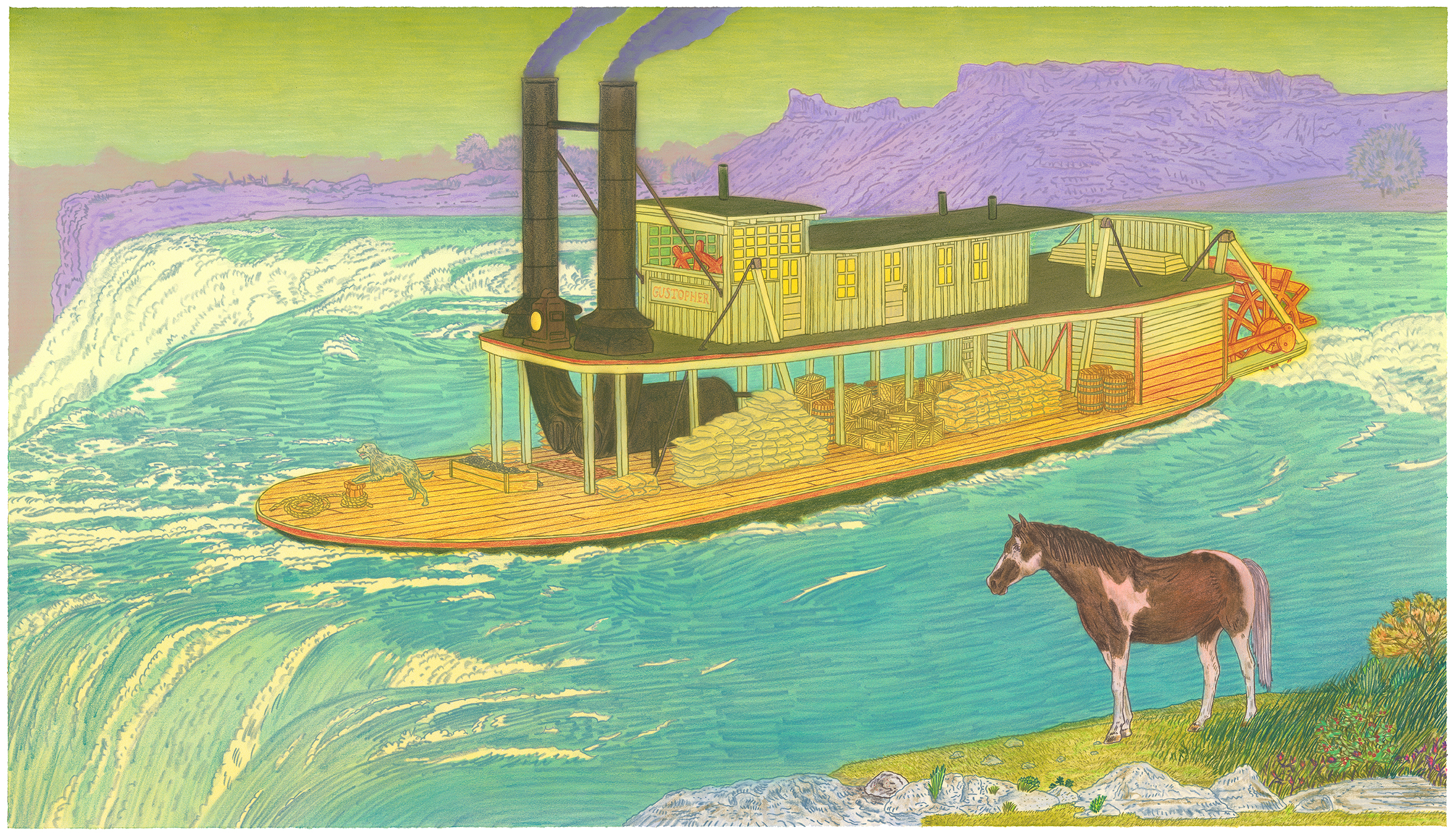 A stylized illustration depicting a steamboat with two tall smokestacks navigating turquoise waters near a dramatic waterfall, rendered in warm yellows and greens with purple mountains in the distance. A brown and white horse stands on the grassy shore in the foreground, observing the vessel.