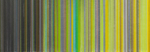 Vertical stripes in varying widths progress across the composition, transitioning from dark charcoal and muted tones on the left through vibrant lime green and yellow hues in the center to bright yellow on the right, with touches of cyan blue creating a dynamic gradient effect.