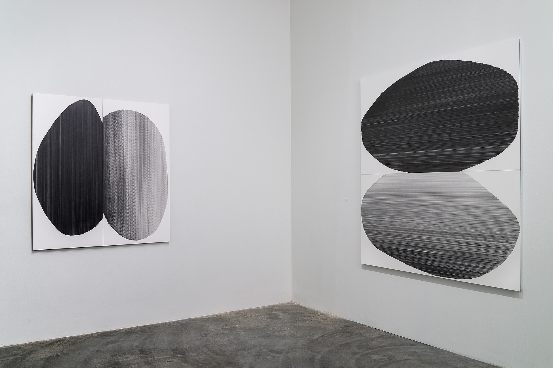 Two gallery walls display large-scale abstract drawings featuring paired, organic oval forms rendered in black linear marks on white paper. On the left, two vertical ovals sit side-by-side; on the right, two horizontal ovals are stacked vertically. The densely hatched surfaces create strong contrast and tactile depth against the minimal white ground.