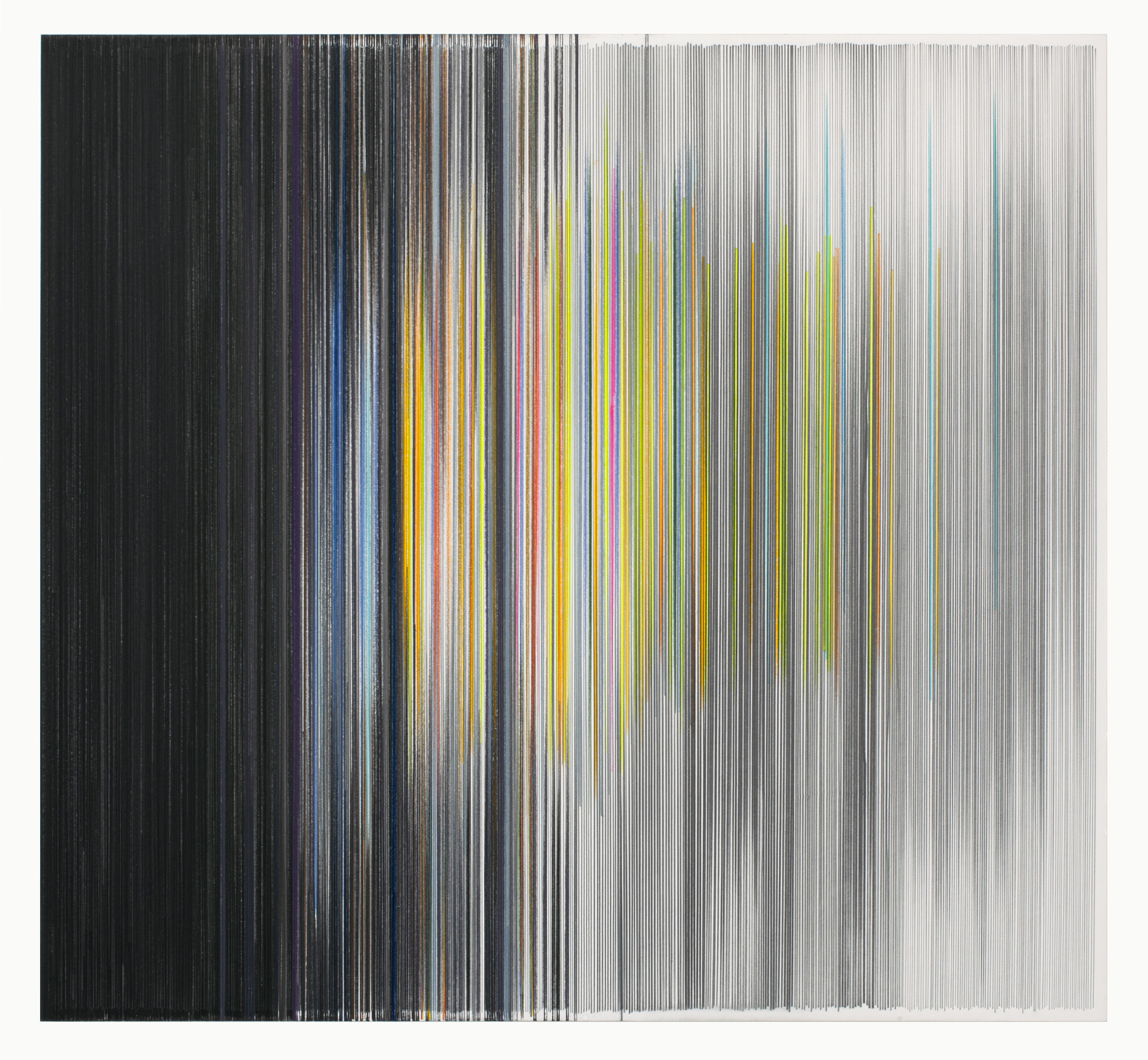 Vertical parallel lines in varying widths transition from deep black on the left to light gray on the right, with bands of vibrant color—yellow, green, blue, pink, and orange—emerging subtly in the center. The composition creates an optical effect suggesting depth and movement through tonal gradation.