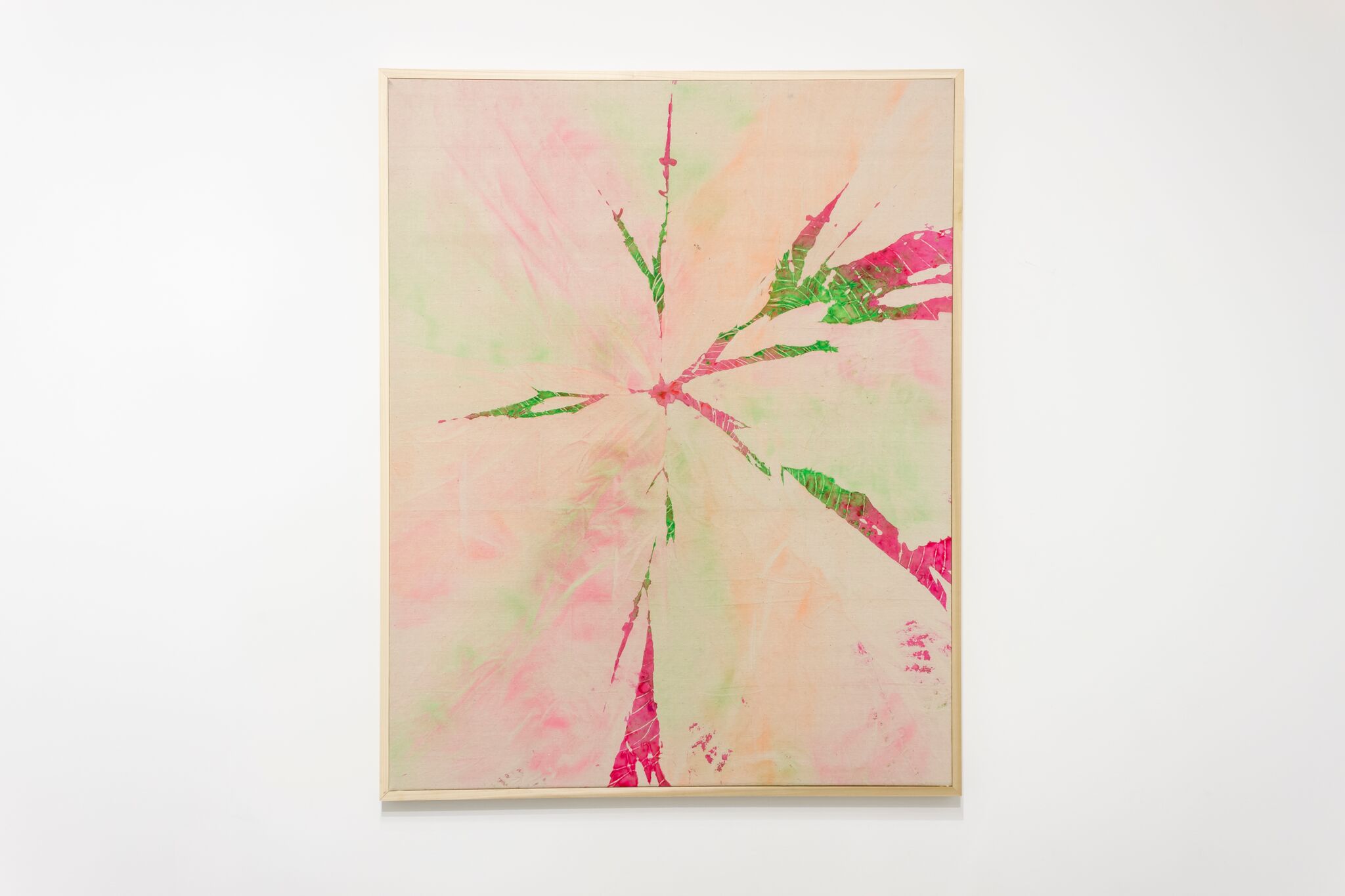 Abstract composition with radiating pink and green striped forms extending from a central point against a soft, muted background of cream, pale pink, and pale green washes. The geometric shapes suggest stylized plant or starburst motifs rendered in a layered, textured technique.