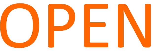 Large orange capital letters spelling "OPEN" against a white background, rendered in a bold, sans-serif typeface with thick strokes and rounded edges.