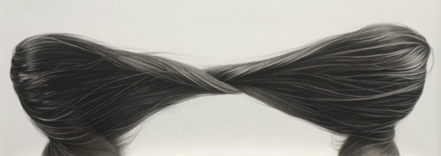 Two bundles of long black hair meet at the center in an hourglass formation against a pale background, rendered in layered charcoal with dramatic highlights and flowing strands that suggest movement and wind.