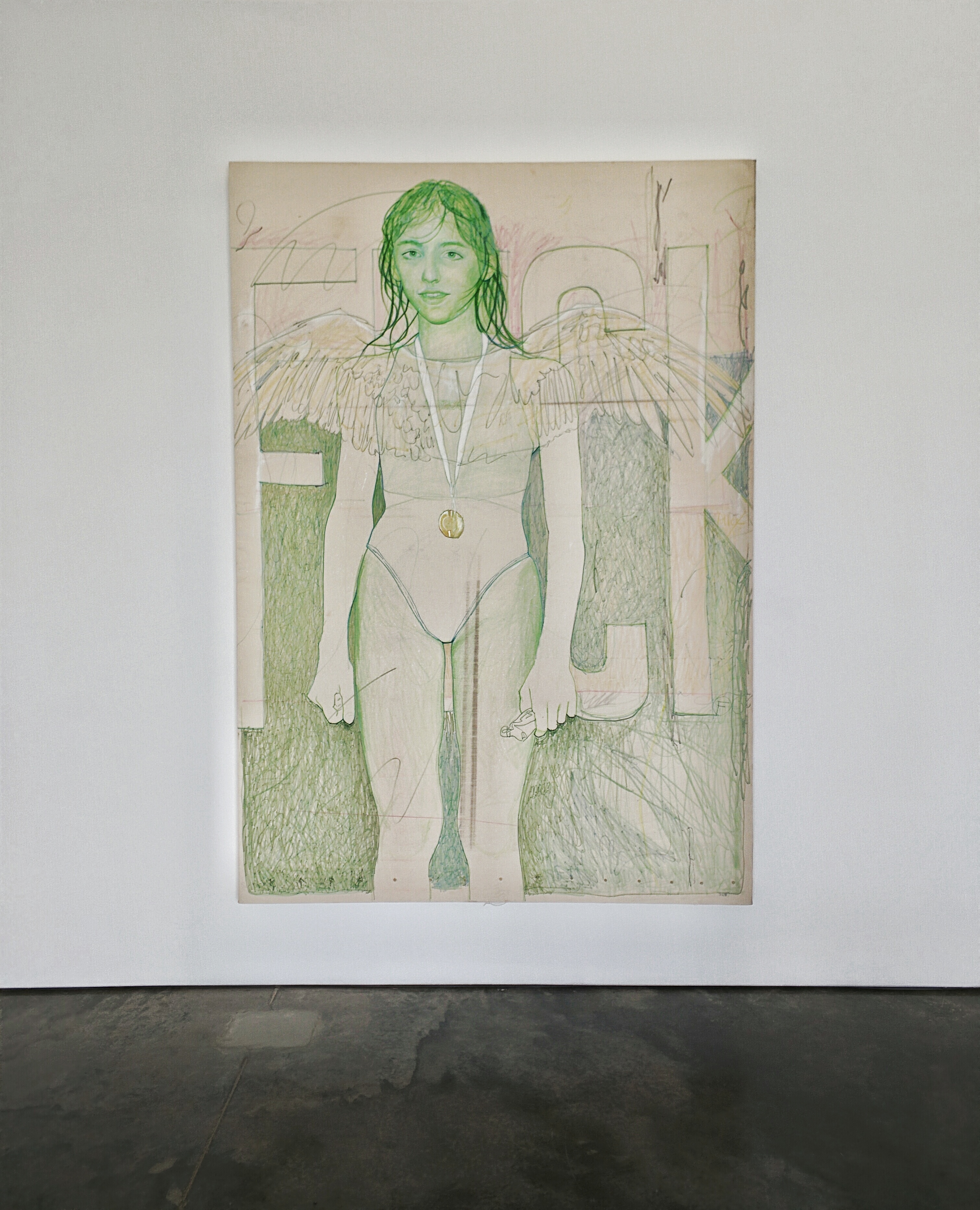A figure with long green hair and wings stands frontally against an architectural background rendered in muted greens and beiges. The drawing, executed in colored pencil with delicate linear details, depicts the figure wearing a white garment with a gold pendant, surrounded by geometric forms and structural elements.