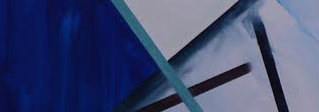 Abstract geometric composition featuring overlapping planes in shades of blue, gray, and dark tones that create a sense of shallow depth and spatial tension through intersecting angular forms.