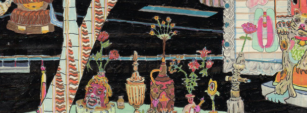 Densely detailed mixed-media drawing featuring ornamental still life arrangements with decorative vases, flowers, and neoclassical objects rendered in intricate linework against dark and light patterned backgrounds, with elaborate textile-like patterns and flattened compositional elements in jewel tones of pink, gold, and blue.