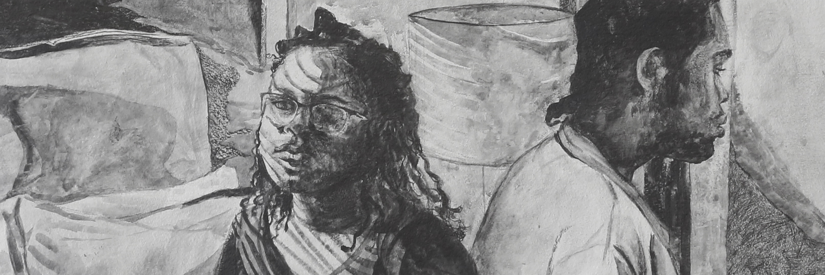 Black and white charcoal or graphite drawing depicting two figures in an interior space with draped fabrics and vessels. The figure on the left wears glasses and looks toward the viewer, while the figure on the right is shown in profile, their forms rendered with gestural mark-making and varying tones that create depth and intimacy within the composition.